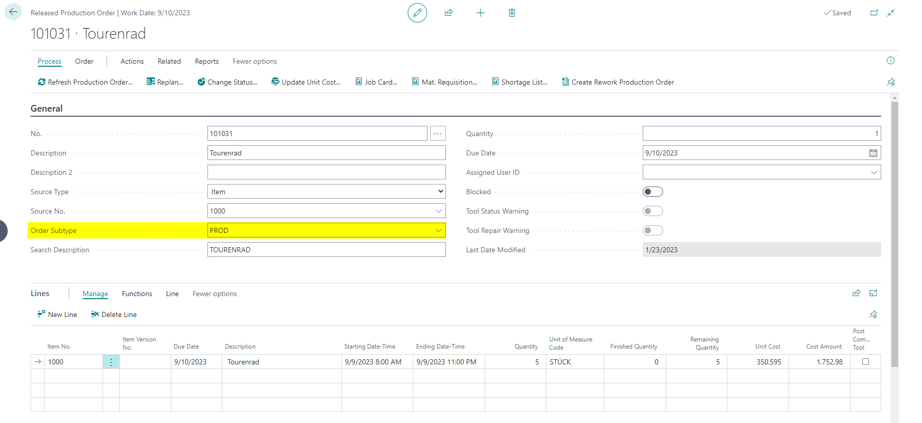 Order Subtype field on a released production order