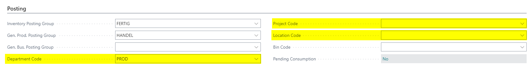 Transferred values on the Posting FastTab of the production order