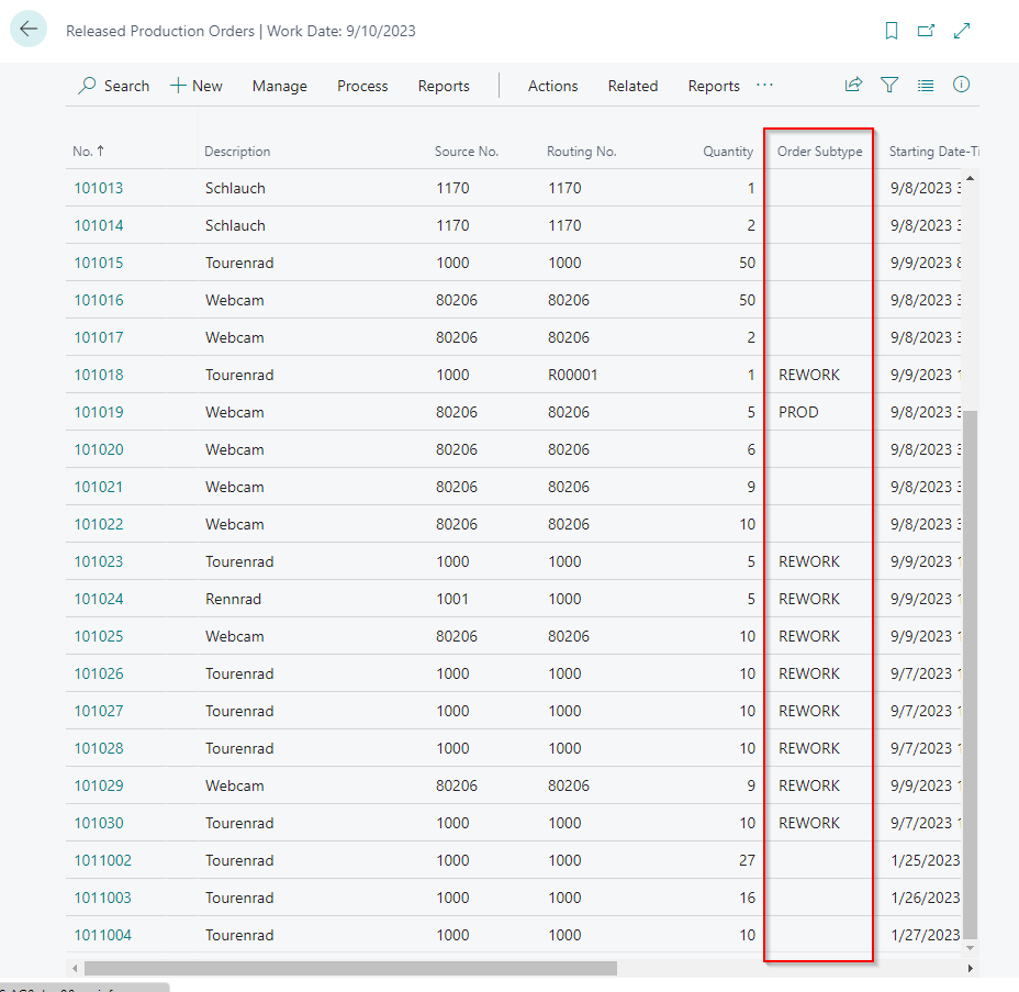Order Subtype column in the Released Production Orders list