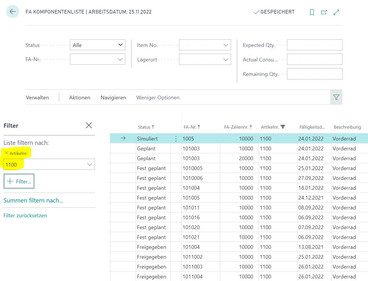 Zusätzliche Filter in der FA Komponentenliste