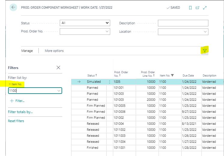 Additional filters in the Production Order Component Worksheet