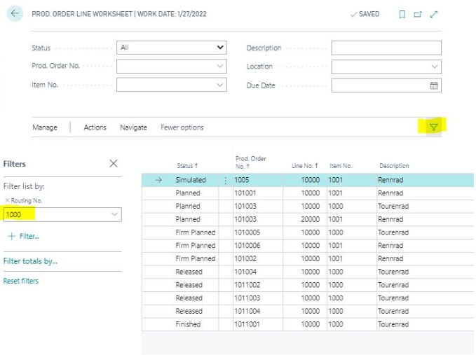 Additional filters in the Production Order Line Worksheet