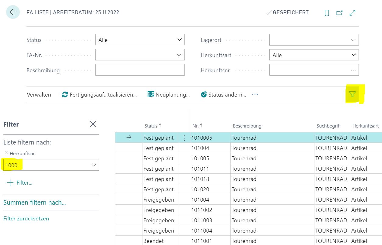 Zusätzliche Filter in der FA Liste auswählen