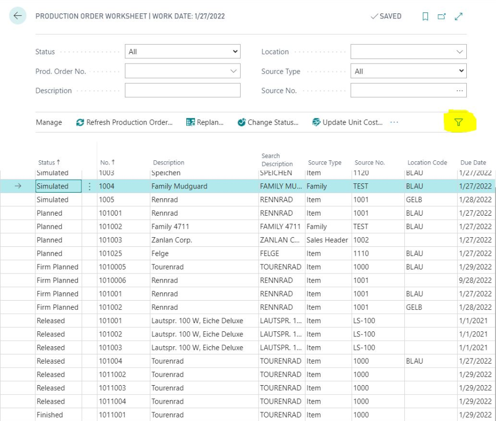 Select additional filters in the Production Order Worksheet