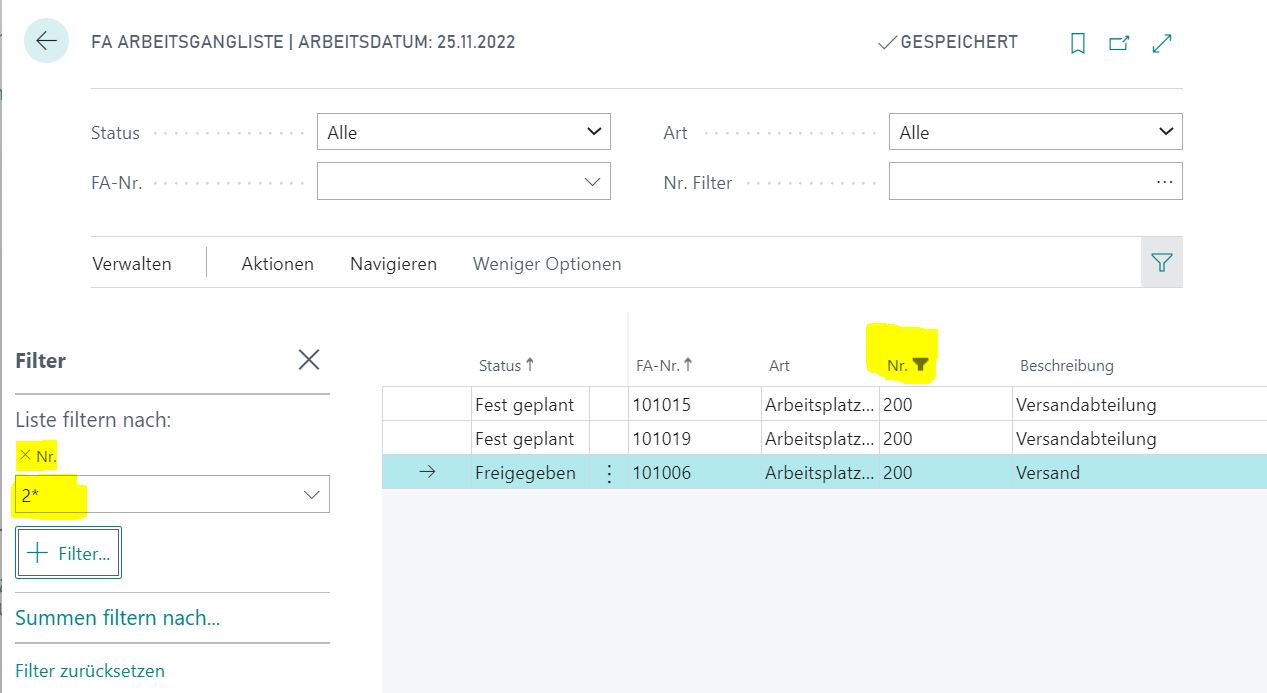 Zusätzliche Filter in der FA Arbeitsgangliste