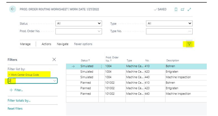 Additional filters in the Production Order Routing Worksheet