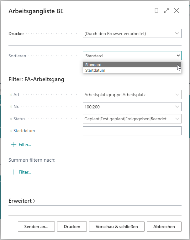Filter für Arbeitsgangliste BE setzen