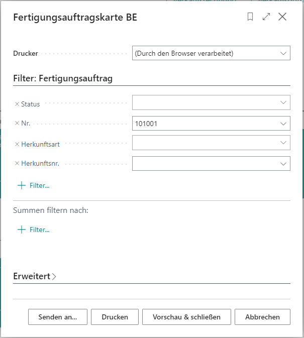 Filter für Fertigungsauftragskarte BE setzen