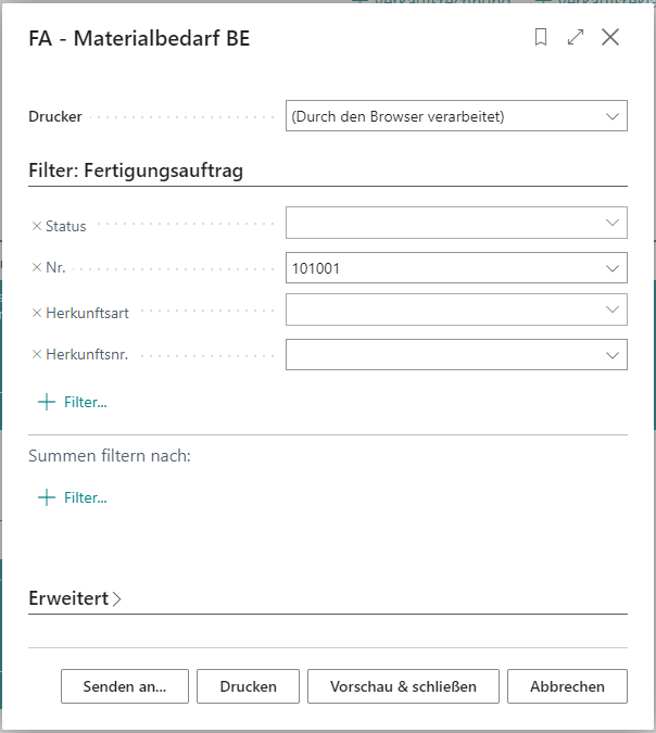 Filter für FA - Materialbedarf BE setzen