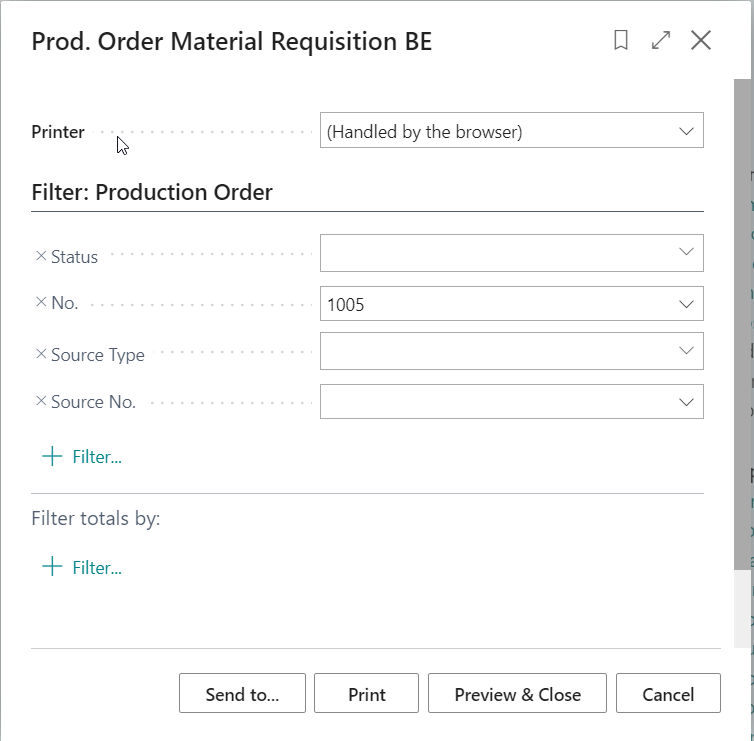 Set filters for Prod Order Material Requisition BE