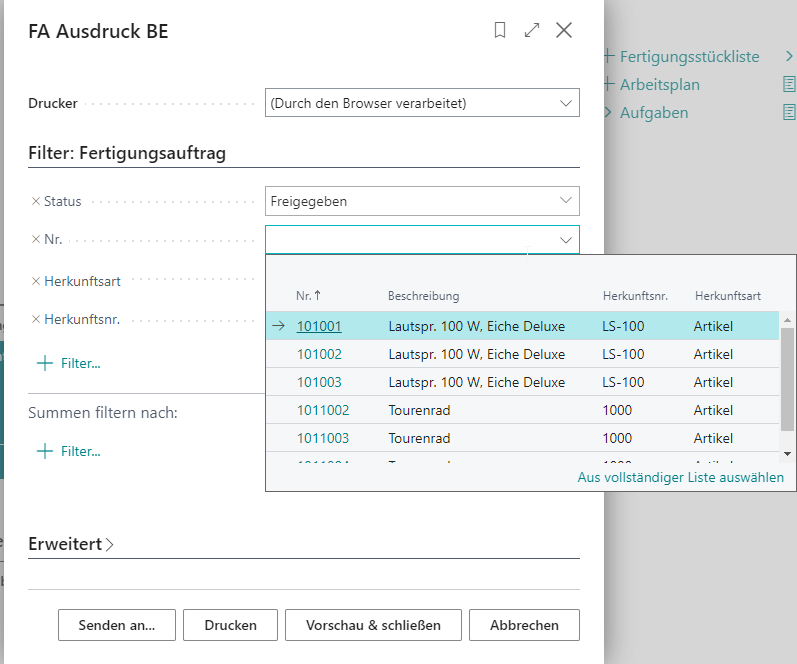 Filter für FA Ausdruck BE setzen