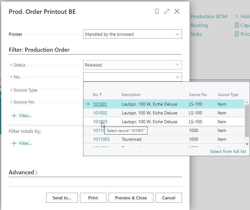 Set filters for Prod. Order Printout BE