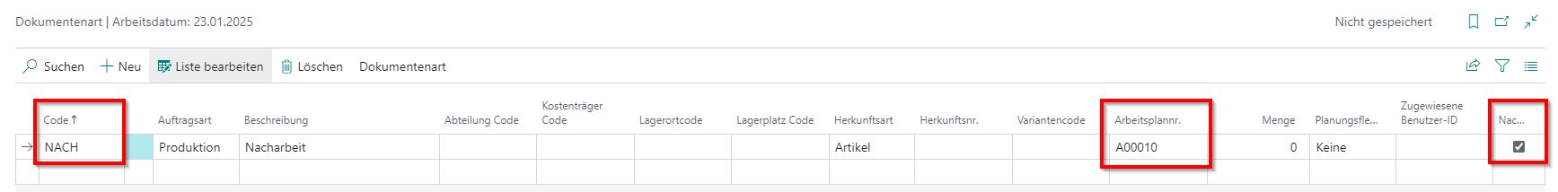 Dokumentenart für Nacharbeit einrichten